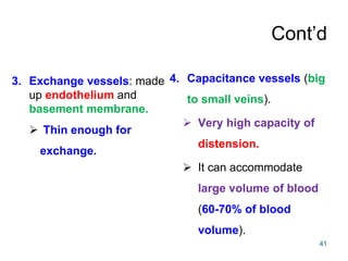 Cont’d
3. Exchange vessels: made
up endothelium and
basement membrane.
 Thin enough for
exchange.
4. Capacitance vessels (big
to small veins).
 Very high capacity of
distension.
 It can accommodate
large volume of blood
(60-70% of blood
volume).
41
 
