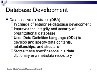 Chapter 5 Data Resource ManagementChapter 5 16
Database Development
 Database Administrator (DBA)
In charge of enterprise database development
Improves the integrity and security of
organizational databases
Uses Data Definition Language (DDL) to
develop and specify data contents,
relationships, and structure
Stores these specifications in a data
dictionary or a metadata repository
 