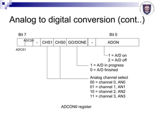 Analog to digital conversion (cont..) ADCON0 register ADCS1 ADCS0 - CHS1 CHS0 GO/DONE - ADON Bit 7 Bit 0 1 = A/D on 2 = A/D off 1 = A/D in progress 0 = A/D finished Analog channel select 00 = channel 0, AN0 01 = channel 1, AN1 10 = channel 2, AN2 11 = channel 3, AN3 