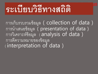 ระเบียบวิธีทางสถิติ
การเก็บรวบรวมข้อมูล ( collection of data )
การนาเสนอข้อมูล ( presentation of data )
การวิเคราะห์ข้อมูล ( analysis of data )
การตีความหมายของข้อมูล
( interpretation of data )
 