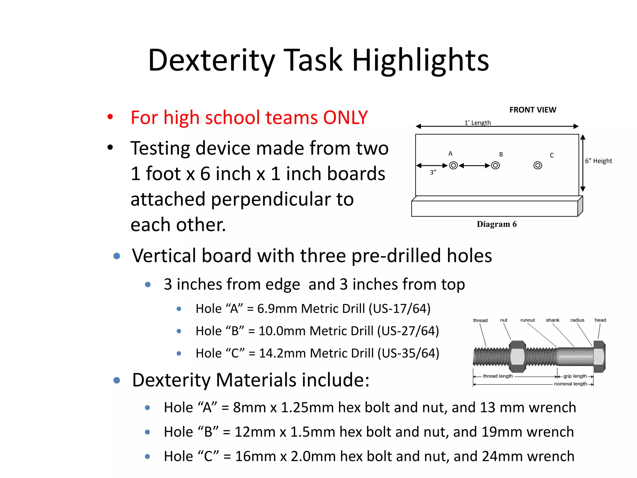Dexterity Task Highlights
• For high school teams ONLY
• Testing device made from two
1 foot x 6 inch x 1 inch boards
attached perpendicular to
each other.
1’ Length
6” Height
A B C
3”
FRONT VIEW
Diagram 6
 Vertical board with three pre-drilled holes
 3 inches from edge and 3 inches from top
 Hole “A” = 6.9mm Metric Drill (US-17/64)
 Hole “B” = 10.0mm Metric Drill (US-27/64)
 Hole “C” = 14.2mm Metric Drill (US-35/64)
 Dexterity Materials include:
 Hole “A” = 8mm x 1.25mm hex bolt and nut, and 13 mm wrench
 Hole “B” = 12mm x 1.5mm hex bolt and nut, and 19mm wrench
 Hole “C” = 16mm x 2.0mm hex bolt and nut, and 24mm wrench
 