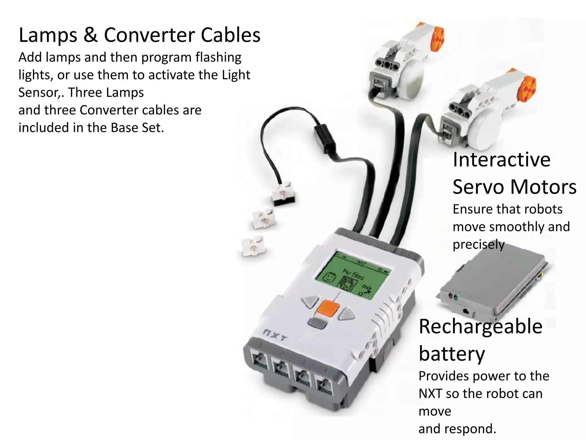 Lamps & Converter Cables
Add lamps and then program flashing
lights, or use them to activate the Light
Sensor,. Three Lamps
and three Converter cables are
included in the Base Set.
Interactive
Servo Motors
Ensure that robots
move smoothly and
precisely
Rechargeable
battery
Provides power to the
NXT so the robot can
move
and respond.
 