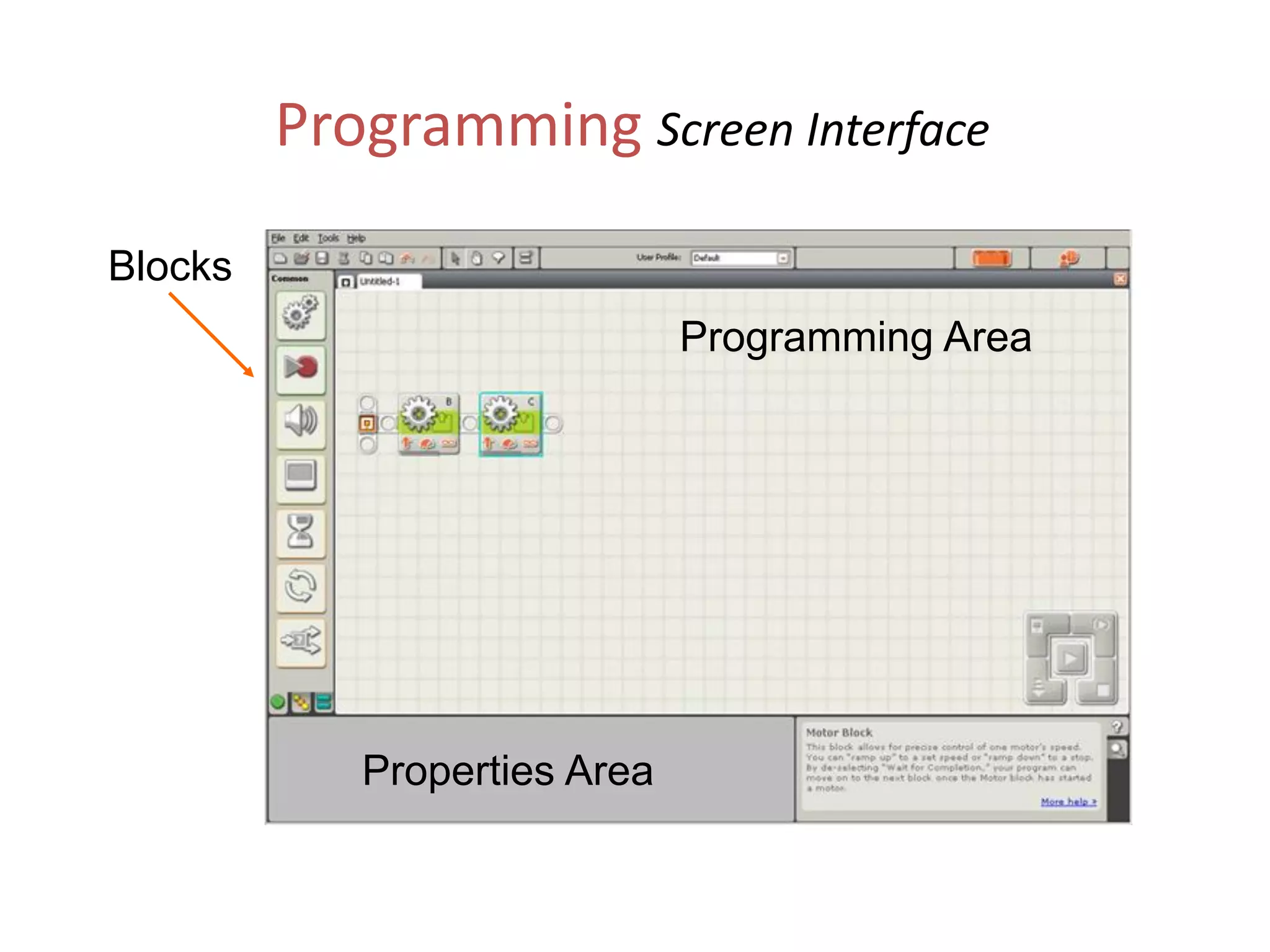 Programming Screen Interface
Programming Area
Properties Area
Blocks
 