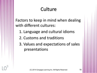 (C) 2014 Cengage Learning Inc. All Rights Reserved 16
Culture
Factors to keep in mind when dealing
with different cultures:
1. Language and cultural idioms
2. Customs and traditions
3. Values and expectations of sales
presentations
3
 