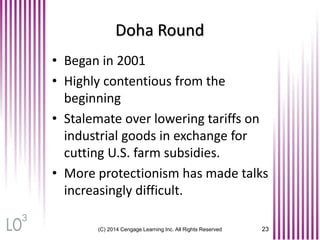 (C) 2014 Cengage Learning Inc. All Rights Reserved 23
Doha Round
• Began in 2001
• Highly contentious from the
beginning
• Stalemate over lowering tariffs on
industrial goods in exchange for
cutting U.S. farm subsidies.
• More protectionism has made talks
increasingly difficult.
3
 