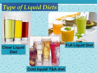 Type of Liquid Diets
Full Liquid Diet
Clear Liquid
Diet
Cold liquid/ T&A diet
 