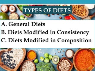 A. General Diets
B. Diets Modified in Consistency
C. Diets Modified in Composition
TYPES OF DIETS
 
