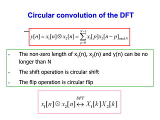 Circular convolution of the DFT
 The non-zero length of x1(n), x2(n) and y(n) can be no
longer than N
 The shift operation is circular shift
 The flip operation is circular flip







1
0
mod
2
1
2
1 ]
[
]
[
]
[
]
[
]
[
N
p
N
p
n
x
p
x
n
x
n
x
n
y
 
