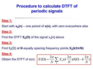 Procedure to calculate DTFT of
periodic signals
Step 1:
Start with x0(n) – one period of x(n), with zero everywhere else
Step 2:
Find the DTFT X0(Ω) of the signal x0[n] above
Step 3:
Find X0(Ω) at N equally spacing frequency points X0(k2π/N)
Step 4:
Obtain the DTFT of x(n):  



k N
k
N
k
X
N
X )
2
(
)
2
(
2
)
( 0




 