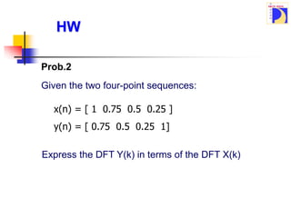 Prob.2
Given the two four-point sequences:
HW
x(n) = [ 1 0.75 0.5 0.25 ]
y(n) = [ 0.75 0.5 0.25 1]
Express the DFT Y(k) in terms of the DFT X(k)
 