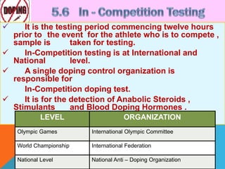  It is the testing period commencing twelve hours
prior to the event for the athlete who is to compete ,
sample is taken for testing.
 In-Competition testing is at International and
National level.
 A single doping control organization is
responsible for
In-Competition doping test.
 It is for the detection of Anabolic Steroids ,
Stimulants and Blood Doping Hormones .
LEVEL ORGANIZATION
Olympic Games International Olympic Committee
World Championship International Federation
National Level National Anti – Doping Organization
 