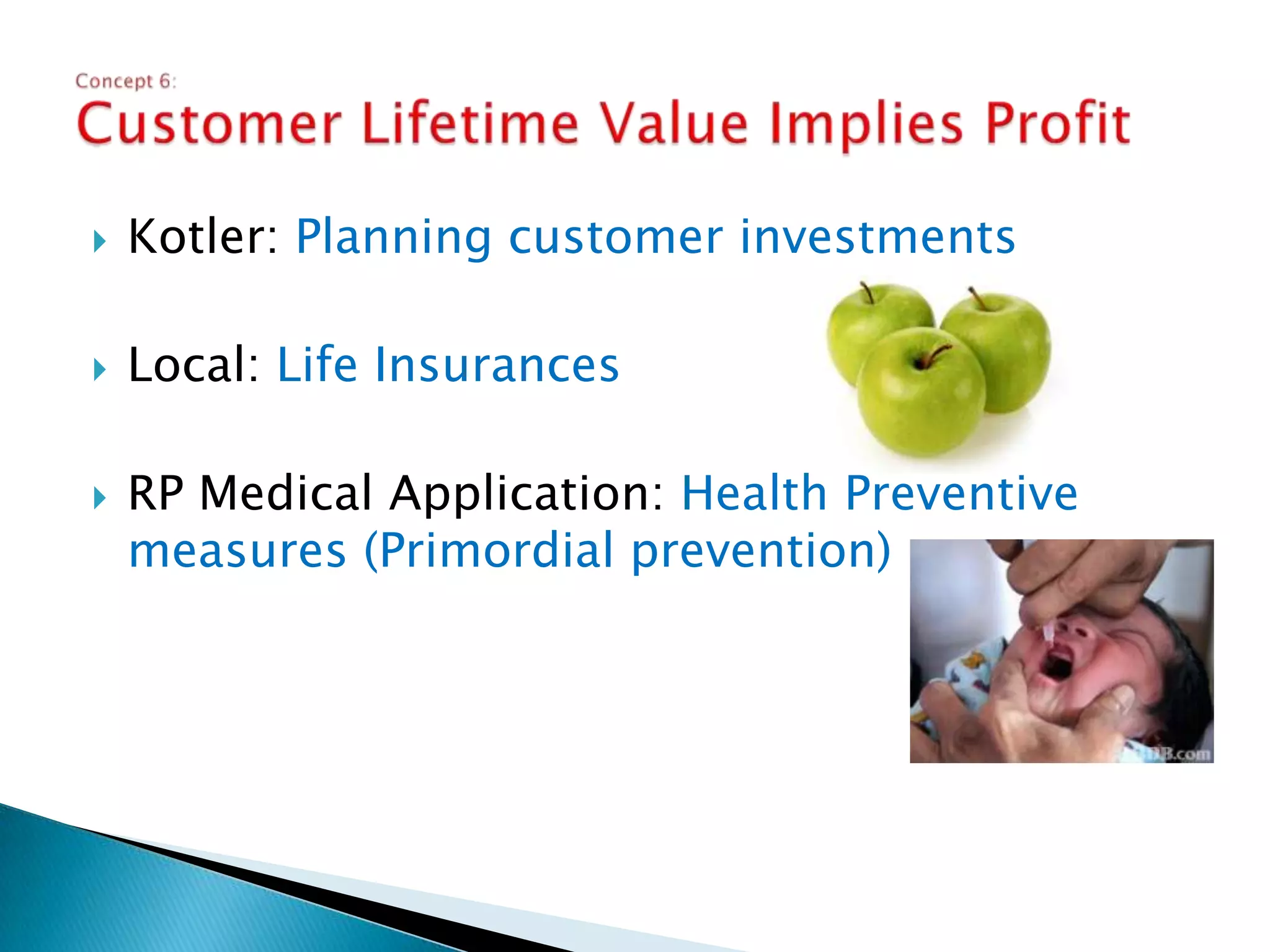 Kotler: Joie de Vivre Hospitality Inc. chain of boutiquesLocal: Hotel serviceRP Medical Application: After discharge, transport services and follow-up enquiries for patientConcept 3: Satisfaction: The Difference between Performance and Expectation