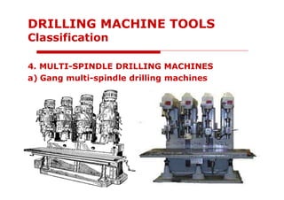4. MULTI-SPINDLE DRILLING MACHINES
a) Gang multi-spindle drilling machines
DRILLING MACHINE TOOLS
Classification
 