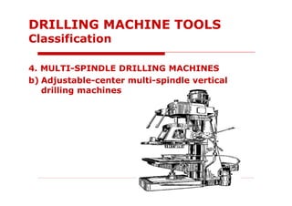 4. MULTI-SPINDLE DRILLING MACHINES
b) Adjustable-center multi-spindle vertical
drilling machines
DRILLING MACHINE TOOLS
Classification
 