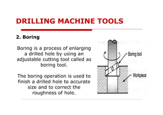 2. Boring
Boring is a process of enlarging
a drilled hole by using an
adjustable cutting tool called as
boring tool.
The boring operation is used to
finish a drilled hole to accurate
size and to correct the
roughness of hole.
DRILLING MACHINE TOOLS
 