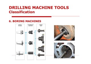 6. BORING MACHINES
DRILLING MACHINE TOOLS
Classification
 