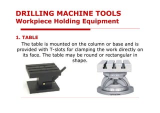 1. TABLE
The table is mounted on the column or base and is
provided with T-slots for clamping the work directly on
its face. The table may be round or rectangular in
shape.
DRILLING MACHINE TOOLS
Workpiece Holding Equipment
 