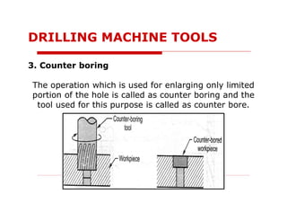 3. Counter boring
The operation which is used for enlarging only limited
portion of the hole is called as counter boring and the
tool used for this purpose is called as counter bore.
DRILLING MACHINE TOOLS
 