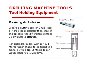 By using drill sleeve
DRILLING MACHINE TOOLS
Tool Holding Equipment
Where a cutting tool or Chuck has
a Morse taper smaller than that of
the spindle, the difference is made
up by using a sleeve.
For example, a drill with a No. 1
Morse taper shank to be fitted in a
spindle with a No. 2 Morse taper
would require a 1-2 sleeve.
 