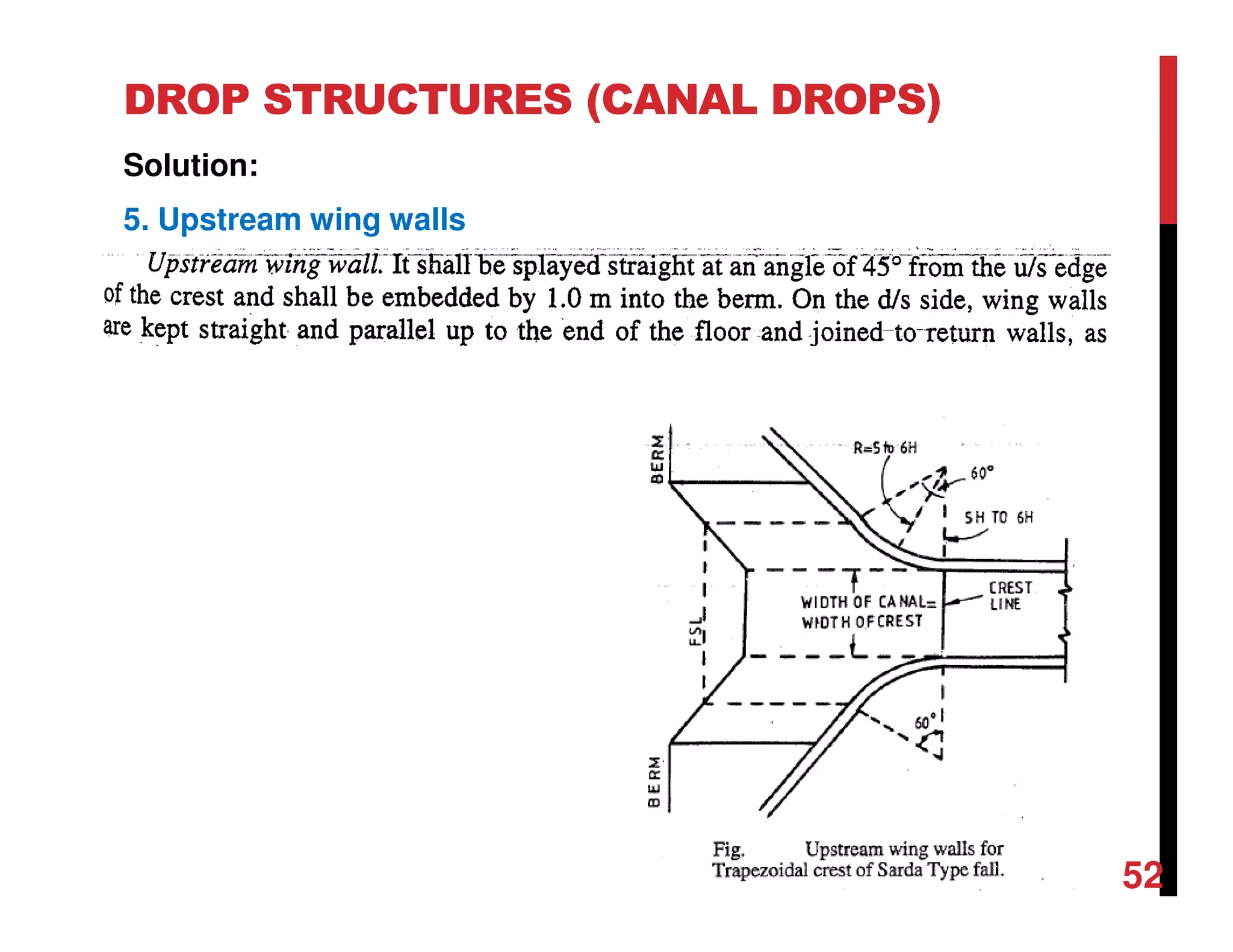 DROP STRUCTURES (CANAL DROPS)
Solution:
5. Upstream wing walls
52
 