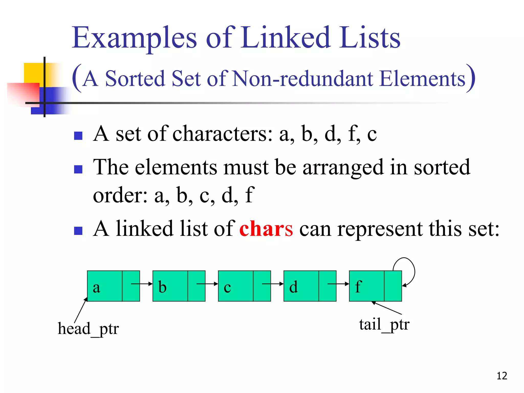 12
Examples of Linked Lists
(A Sorted Set of Non-redundant Elements)
 A set of characters: a, b, d, f, c
 The elements must be arranged in sorted
order: a, b, c, d, f
 A linked list of chars can represent this set:
a b c f
head_ptr tail_ptr
d
 