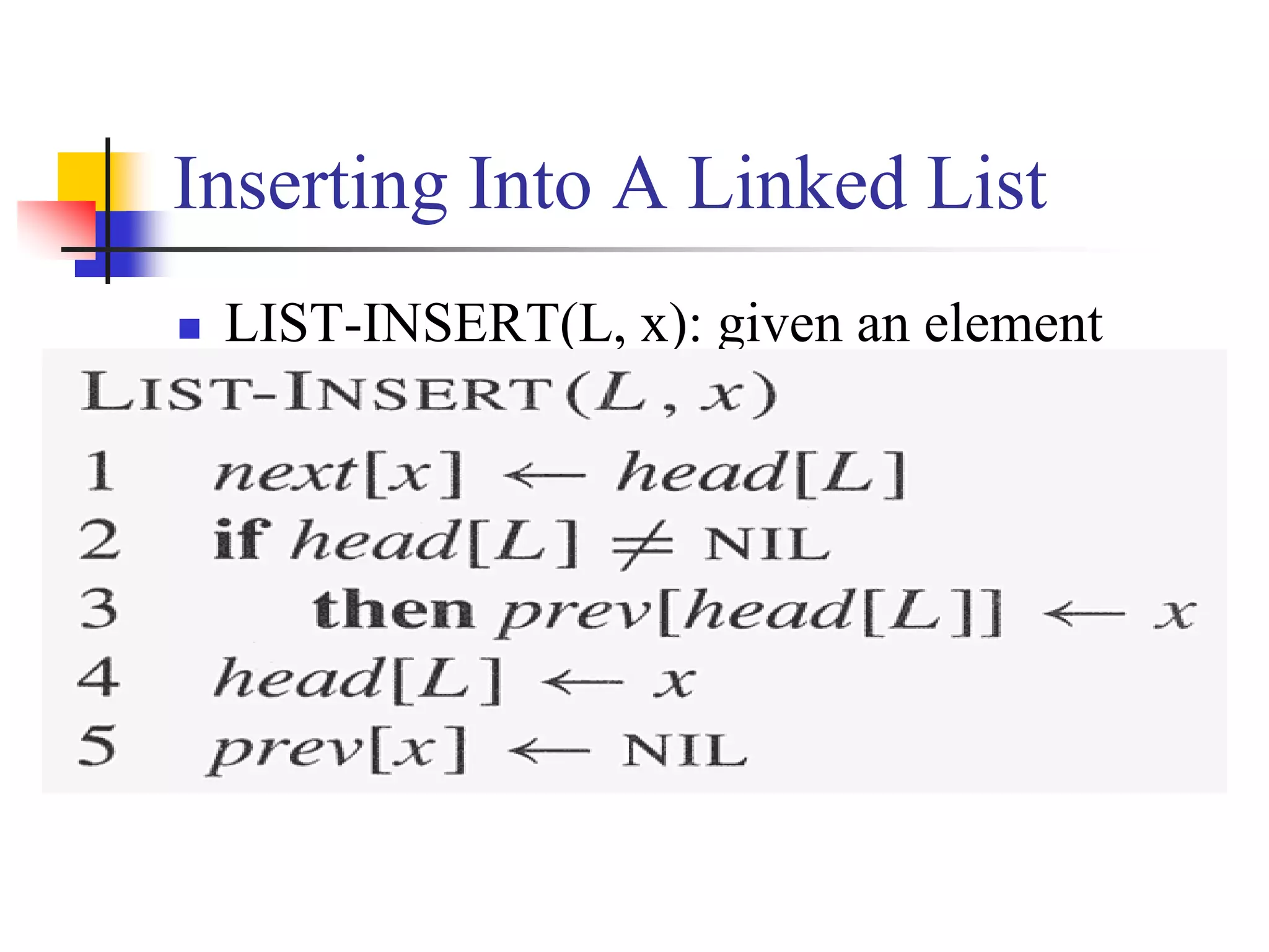 Inserting Into A Linked List
 LIST-INSERT(L, x): given an element
pointed by x, splice x onto the front of the
linked list
 