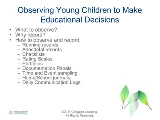 Observing Young Children to Make
Educational Decisions
• What to observe?
• Why record?
• How to observe and record
– Running records
– Anecdotal records
– Checklists
– Rating Scales
– Portfolios
– Documentation Panels
– Time and Event sampling
– Home/School journals
– Daily Communication Logs
©2011 Cengage Learning.
All Rights Reserved.
 