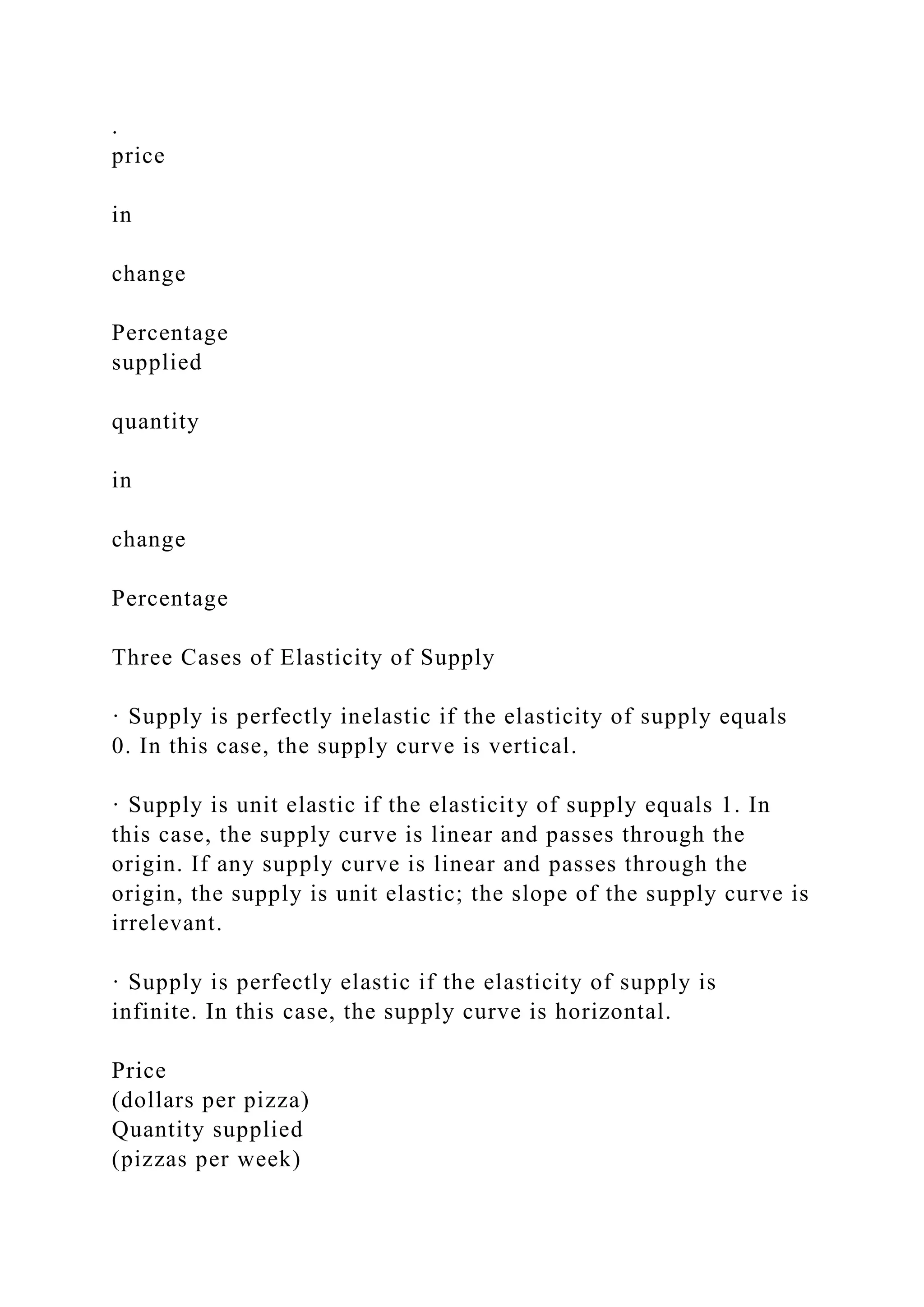 .
price
in
change
Percentage
supplied
quantity
in
change
Percentage
Three Cases of Elasticity of Supply
· Supply is perfectly inelastic if the elasticity of supply equals
0. In this case, the supply curve is vertical.
· Supply is unit elastic if the elasticity of supply equals 1. In
this case, the supply curve is linear and passes through the
origin. If any supply curve is linear and passes through the
origin, the supply is unit elastic; the slope of the supply curve is
irrelevant.
· Supply is perfectly elastic if the elasticity of supply is
infinite. In this case, the supply curve is horizontal.
Price
(dollars per pizza)
Quantity supplied
(pizzas per week)
 