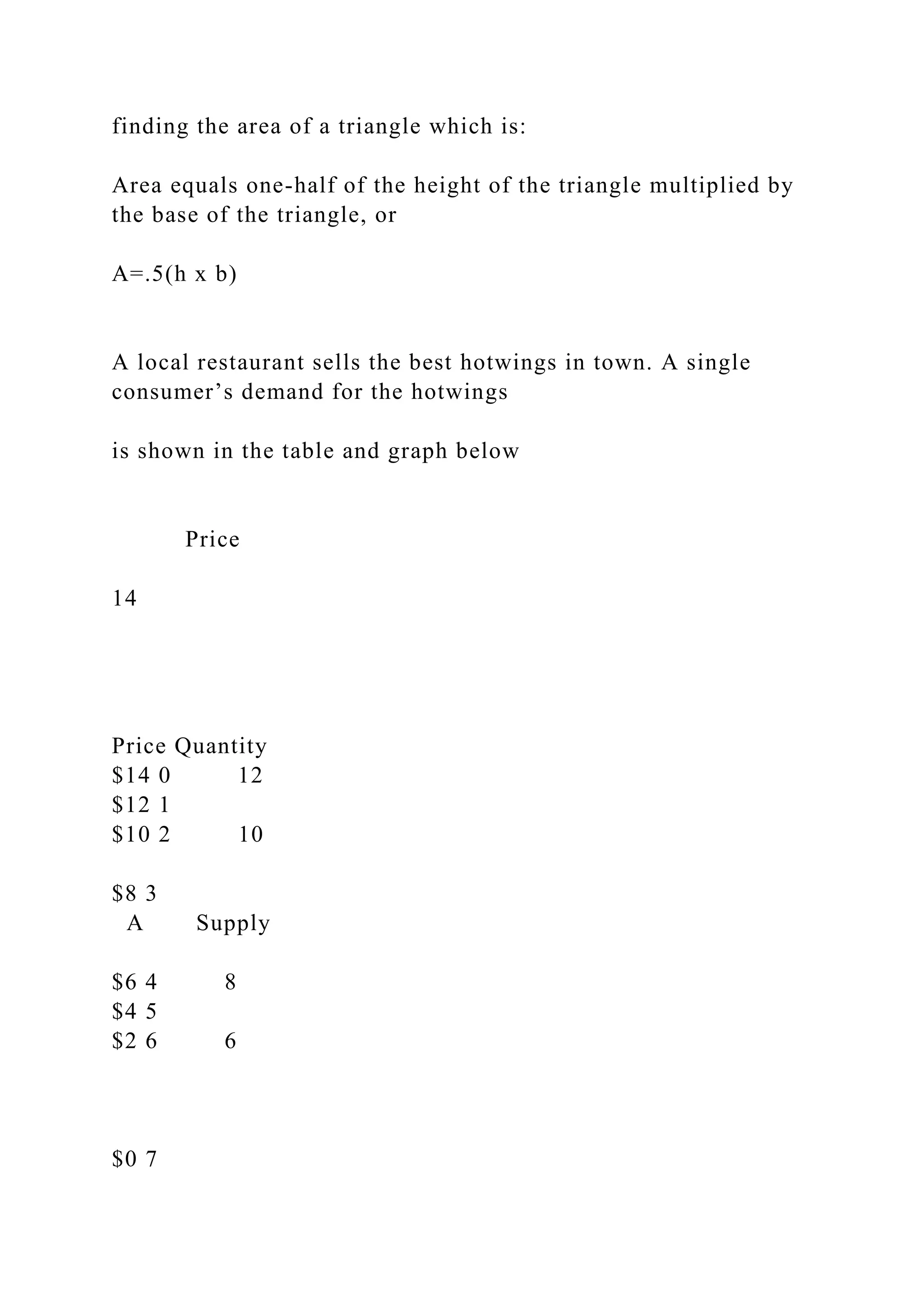 finding the area of a triangle which is:
Area equals one-half of the height of the triangle multiplied by
the base of the triangle, or
A=.5(h x b)
A local restaurant sells the best hotwings in town. A single
consumer’s demand for the hotwings
is shown in the table and graph below
Price
14
Price Quantity
$14 0 12
$12 1
$10 2 10
$8 3
A Supply
$6 4 8
$4 5
$2 6 6
$0 7
 