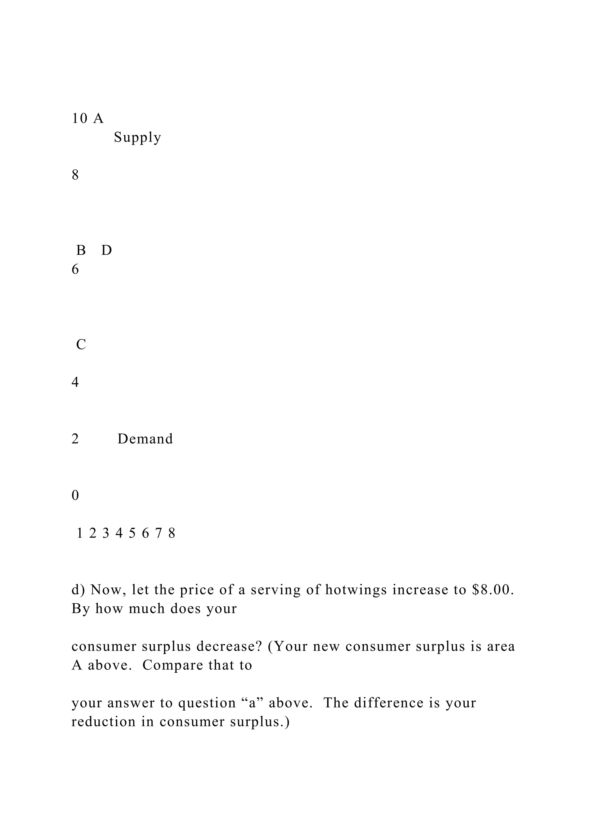 10 A
Supply
8
B D
6
C
4
2 Demand
0
1 2 3 4 5 6 7 8
d) Now, let the price of a serving of hotwings increase to $8.00.
By how much does your
consumer surplus decrease? (Your new consumer surplus is area
A above. Compare that to
your answer to question “a” above. The difference is your
reduction in consumer surplus.)
 