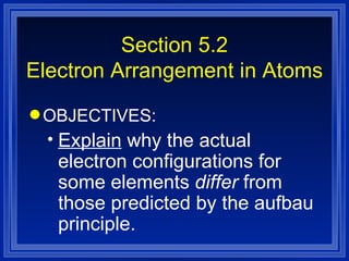 Section 5.2 Electron Arrangement in Atoms OBJECTIVES: Explain  why the actual electron configurations for some elements  differ  from those predicted by the aufbau principle. 