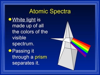 Atomic Spectra White light  is made up of all the colors of the visible spectrum. Passing it through a  prism  separates it. 