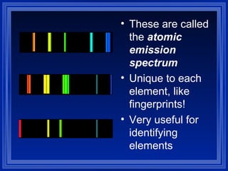 These are called the  atomic emission spectrum Unique to each element, like fingerprints! Very useful for identifying elements 