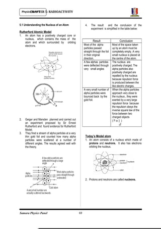 Physics Form 5
Samura Physics Panel
CHAPTER 5: RADIOACTIVITY
5.1 Understanding the Nucleus of an Atom
Rutherford Atomic Model
1. An atom has a positively charged core or
nucleus, which contains the mass of the
atom and which surrounded by orbiting
electrons.
2. Geiger and Marsden planned and carried out
an experiment proposed by Sir Ernest
Rutherford and found evidence for Rutherford
Model.
3. They fired a stream of alpha particles at a very
thin gold foil and counted how many alpha
particles were scattered at a number of
different angles. The results agreed well with
the theory.
4. The result and the conclusion of the
experiment is simplified in the table below:
Today’s Model atom
1. An atom consists of a nucleus which made of
protons and neutrons. It also has electrons
orbiting the nucleus.
2. Protons and neutrons are called nucleons.
69
Result Conclusion
Most of the alpha
particles passed
straight through the foil
in their original
direction.
Most of the space taken
up by an atom must be
completely empty. A very
small nucleus is placed at
the centre of the atom.
A few alphas particles
were deflected through
very small angles
The nucleus are
positively charged. The
alpha particles also
positively charged are
repelled by the nucleus
because repulsion force
is produced between the
like electric charges.
A very small number of
alpha particles were
bounced back by the
gold foil.
When the alpha particles
approach very close to
the nucleus , they were
exerted by a very large
repulsion force because
the repulsion obeys the
inverse square law of the
force between two
charged objects
( F α 1 )
r2
 