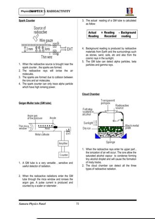 Physics Form 5
Samura Physics Panel
CHAPTER 5: RADIOACTIVITY
Spark Counter
1. When the radioactive source is brought near the
spark counter , the sparks are formed.
2. The radioactive rays will ionise the air
molecules.
3. The sparks are formed due to collision between
the ions and air molecules.
4. The spark counter can only trace alpha particle
which have high ionising power.
Geiger-Muller tube (GM tube)
1. A GM tube is a very versatile , sensitive and
useful detector of radiation.
2. When the radioactive radiations enter the GM
tube through the mica window and ionises the
argon gas. A pulse current is produced and
counted by a scaler or ratemeter .
3. The actual reading of a GM tube is calculated
as follow:
4. Background reading is produced by radioactive
materials from Earth and the surroundings such
as stones, sand, soils, etc and also from the
cosmic rays in the sunlight.
5. The GM tube can detect alpha particles, beta
particles and gamma rays.
Cloud Chamber
1. When the radioactive rays enter he upper part ,
the ionization of air will occur. The ions allow the
saturated alcohol vapour to condense forming
tiny alcohol droplet and will cause the formation
of misty tracks.
2. The cloud chamber can detect all the three
types of radioactive radiation.
72
 