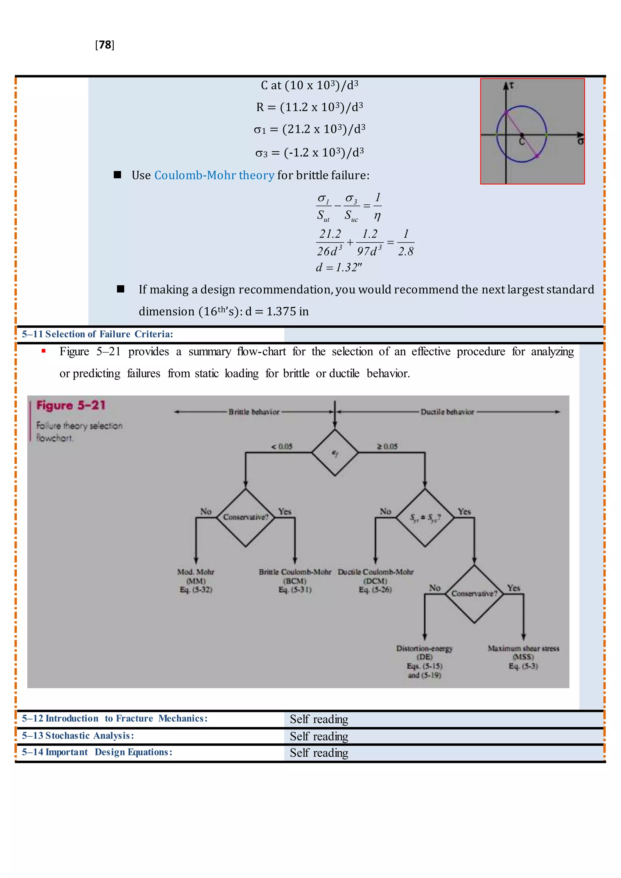 [78]
C at (10 x 103)/d3
R = (11.2 x 103)/d3
1 = (21.2 x 103)/d3
3 = (-1.2 x 103)/d3
 Use Coulomb-Mohr theory for brittle failure:
"32.1d
8.2
1
d97
2.1
d26
2.21
1
SS
33
uc
3
ut
1





 If making a design recommendation, you would recommend the next largest standard
dimension (16th’s): d = 1.375 in
5–11 Selection of Failure Criteria:
 Figure 5–21 provides a summary ﬂow-chart for the selection of an effective procedure for analyzing
or predicting failures from static loading for brittle or ductile behavior.
5–12 Introduction to Fracture Mechanics: Self reading
5–13 Stochastic Analysis: Self reading
5–14 Important Design Equations: Self reading
 
