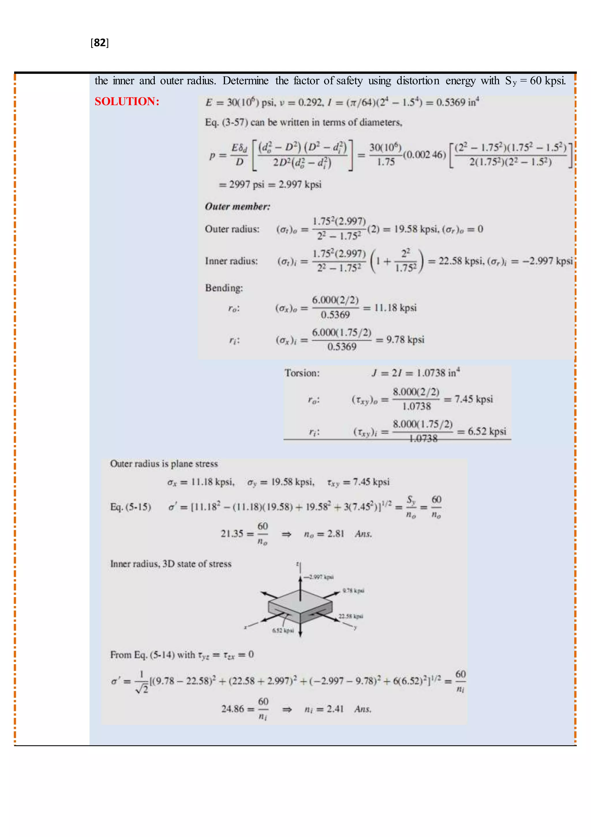 [82]
the inner and outer radius. Determine the factor of safety using distortion energy with Sy = 60 kpsi.
SOLUTION:
 