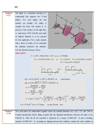 [81]
Problem
5–27
The ﬁgure is a schematic drawing of a
countershaft that supports two V-belt
pulleys. For each pulley, the belt
tensions are parallel. For pulley A
consider the loose belt tension is 15
percent of the tension on the tight side.
A cold-drawn UNS G10180 steel shaft
of uniform diameter is to be selected
for this application. For a static analysis
with a factor of safety of 3.0, determine
the minimum preferred size diameter.
Use the distortion-energy theory.
SOLUTION:
Problem
5–38
Two steel tubes are shrink-ﬁtted together where the nominal diameters are 1.50, 1.75, and 2.00 in.
Careful measurement before ﬁtting revealed that the diametral interference between the tubes to be
0.00246 in. After the ﬁt, the assembly is subjected to a torque of 8000 lbf · in and a bending-
moment of 6000 lbf · in. Assuming no slipping between the cylinders, analyze the outer cylinder at
 