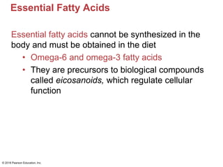 Essential Fatty Acids
Essential fatty acids cannot be synthesized in the
body and must be obtained in the diet
• Omega-6 and omega-3 fatty acids
• They are precursors to biological compounds
called eicosanoids, which regulate cellular
function
© 2018 Pearson Education, Inc.
 