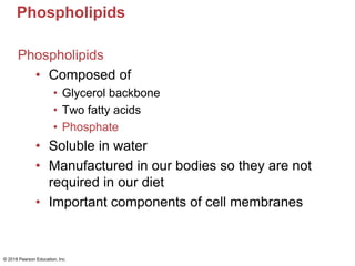 Phospholipids
Phospholipids
• Composed of
• Glycerol backbone
• Two fatty acids
• Phosphate
• Soluble in water
• Manufactured in our bodies so they are not
required in our diet
• Important components of cell membranes
© 2018 Pearson Education, Inc.
 