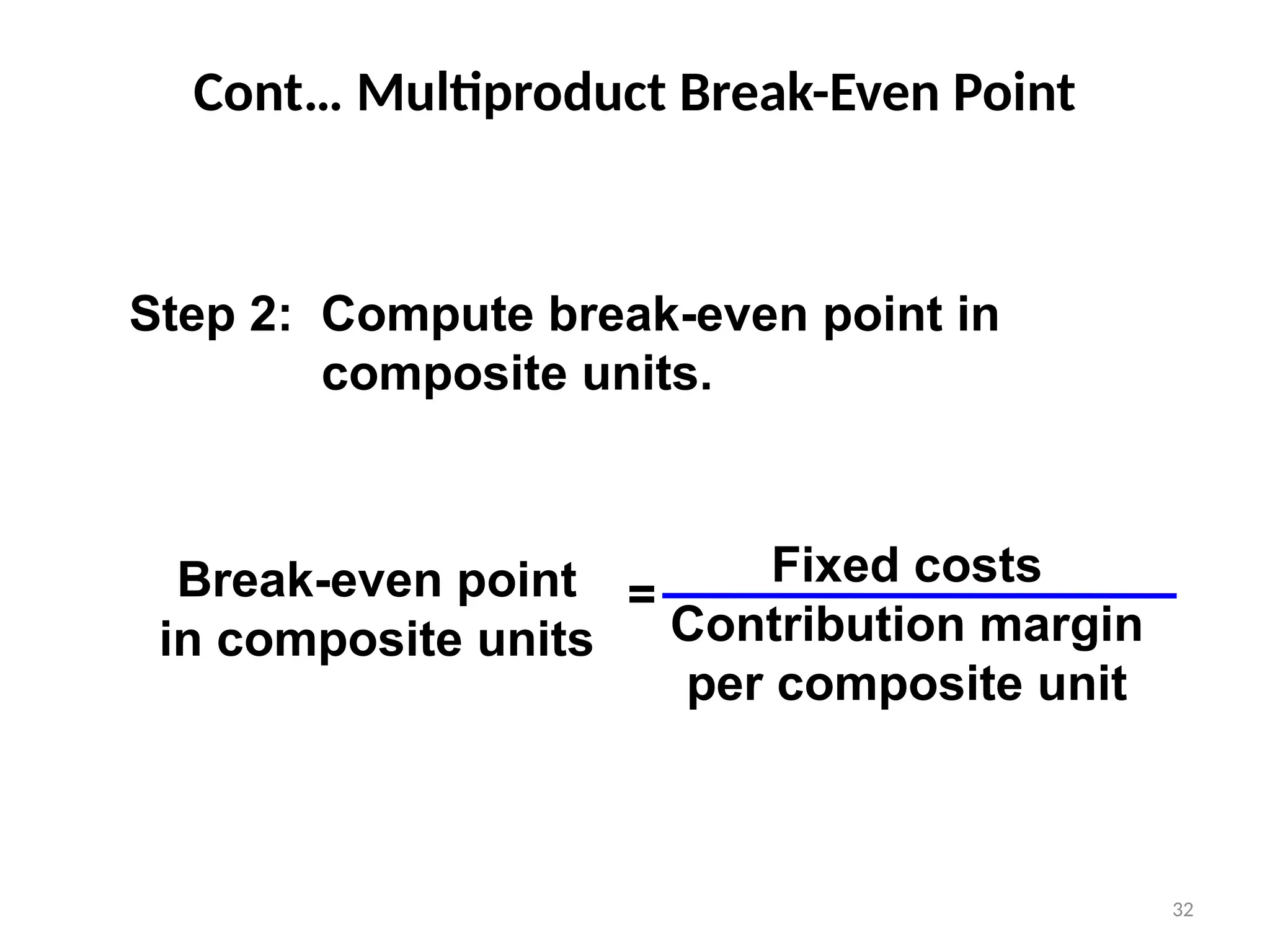 32
Break-even point
in composite units
Fixed costs
Contribution margin
per composite unit
=
Step 2: Compute break-even point in
composite units.
Cont… Multiproduct Break-Even Point
 
