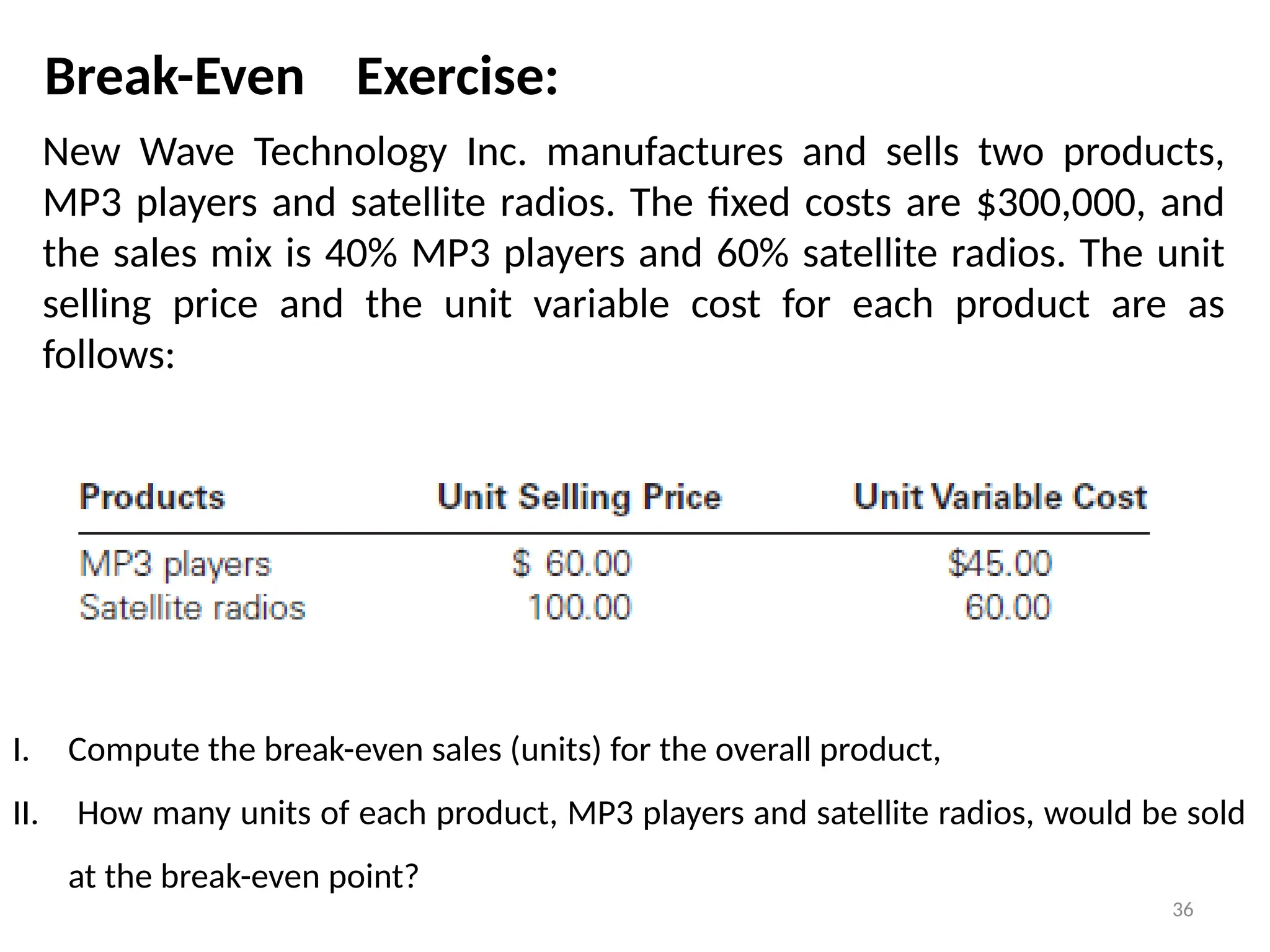 36
New Wave Technology Inc. manufactures and sells two products,
MP3 players and satellite radios. The fixed costs are $300,000, and
the sales mix is 40% MP3 players and 60% satellite radios. The unit
selling price and the unit variable cost for each product are as
follows:
I. Compute the break-even sales (units) for the overall product,
II. How many units of each product, MP3 players and satellite radios, would be sold
at the break-even point?
Break-Even Exercise:
 