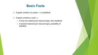 Basic Facts
If graph contains no cycles  no deadlock
If graph contains a cycle 
if only one instance per resource type, then deadlock
if several instances per resource type, possibility of
deadlock
 
