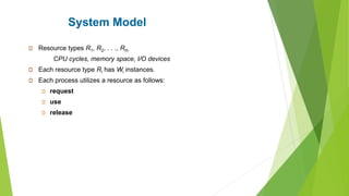 System Model
Resource types R1, R2, . . ., Rm
CPU cycles, memory space, I/O devices
Each resource type Ri has Wi instances.
Each process utilizes a resource as follows:
request
use
release
 