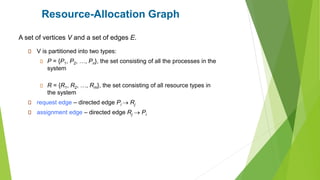 Resource-Allocation Graph
V is partitioned into two types:
P = {P1, P2, …, Pn}, the set consisting of all the processes in the
system
R = {R1, R2, …, Rm}, the set consisting of all resource types in
the system
request edge – directed edge Pi → Rj
assignment edge – directed edge Rj → Pi
A set of vertices V and a set of edges E.
 