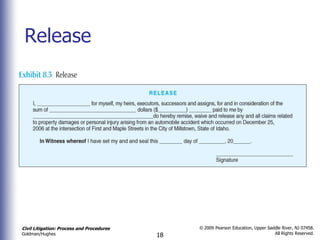 Release




Civil Litigation: Process and Procedures        © 2009 Pearson Education, Upper Saddle River, NJ 07458.
                                                                                   All Rights Reserved.
Goldman/Hughes                             18
 
