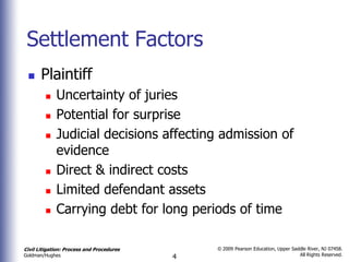 Settlement Factors
      Plaintiff
            Uncertainty of juries
            Potential for surprise
            Judicial decisions affecting admission of
             evidence
            Direct & indirect costs
            Limited defendant assets
            Carrying debt for long periods of time

Civil Litigation: Process and Procedures       © 2009 Pearson Education, Upper Saddle River, NJ 07458.
                                                                                  All Rights Reserved.
Goldman/Hughes                             4
 