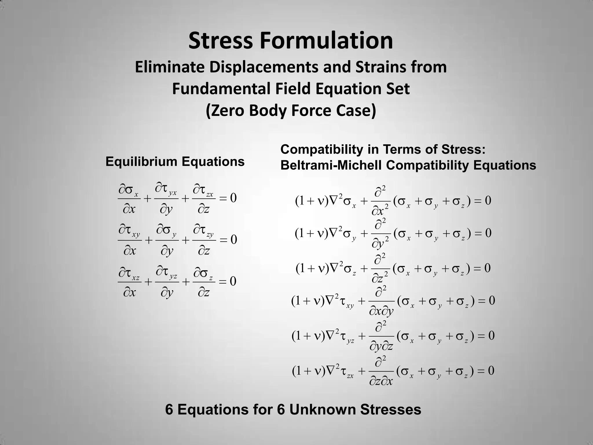 Stress Formulation
    Eliminate Displacements and Strains from
         Fundamental Field Equation Set
             (Zero Body Force Case)

                           Compatibility in Terms of Stress:
Equilibrium Equations      Beltrami-Michell Compatibility Equations
                                                        2
    x    yx       zx
                       0     (1   )           2
                                                   x           (       x       y       z   )       0
   x     y        z                                    x2
                                                        2
                                          2
    xy       y    zy         (1   )                            (                           )       0
                       0                           y
                                                       y   2           x       y       z
   x     y        z                                     2
                                              2
                             (1       )            z           (       x       y       z   )       0
    xz   yz       z
                       0                               z2
                                                        2
   x     y        z                       2
                            (1    )               xy               (       x       y       z   )   0
                                                       x y
                                                        2
                                          2
                            (1    )               yz           (           x       y       z   )   0
                                                       y z
                                                        2
                                          2
                            (1    )               zx           (           x       y       z   )   0
                                                       z x

         6 Equations for 6 Unknown Stresses
 