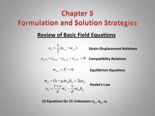 Review of Basic Field Equations
                           1
                 eij         (ui , j       u j ,i )             Strain-Displacement Relations
                           2
 eij , kl          ekl,ij       eik , jl     e jl ,ik       0 Compatibility Relations


                       ij , j     Fi        0                   Equilibrium Equations

            ij         (          )ekk      ij        2 eij
                       1                                        Hooke’s Law
       eij                          ij                kk   ij
                           E               E

  15 Equations for 15 Unknowns                                     ij   , eij , ui
 