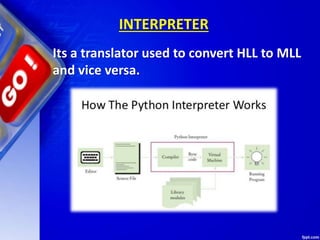 INTERPRETER
Its a translator used to convert HLL to MLL
and vice versa.
 